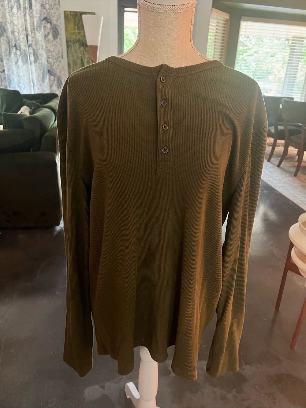 Express Olive Ribbed Henley Long Sleeve